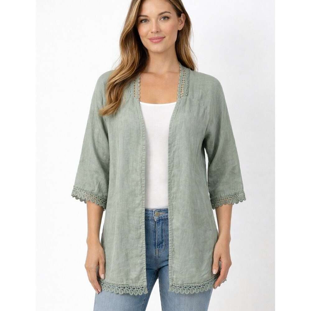 Valentina Naldi Linen Embroidered Kimono Cardigan Duster Sage Green - Small OS